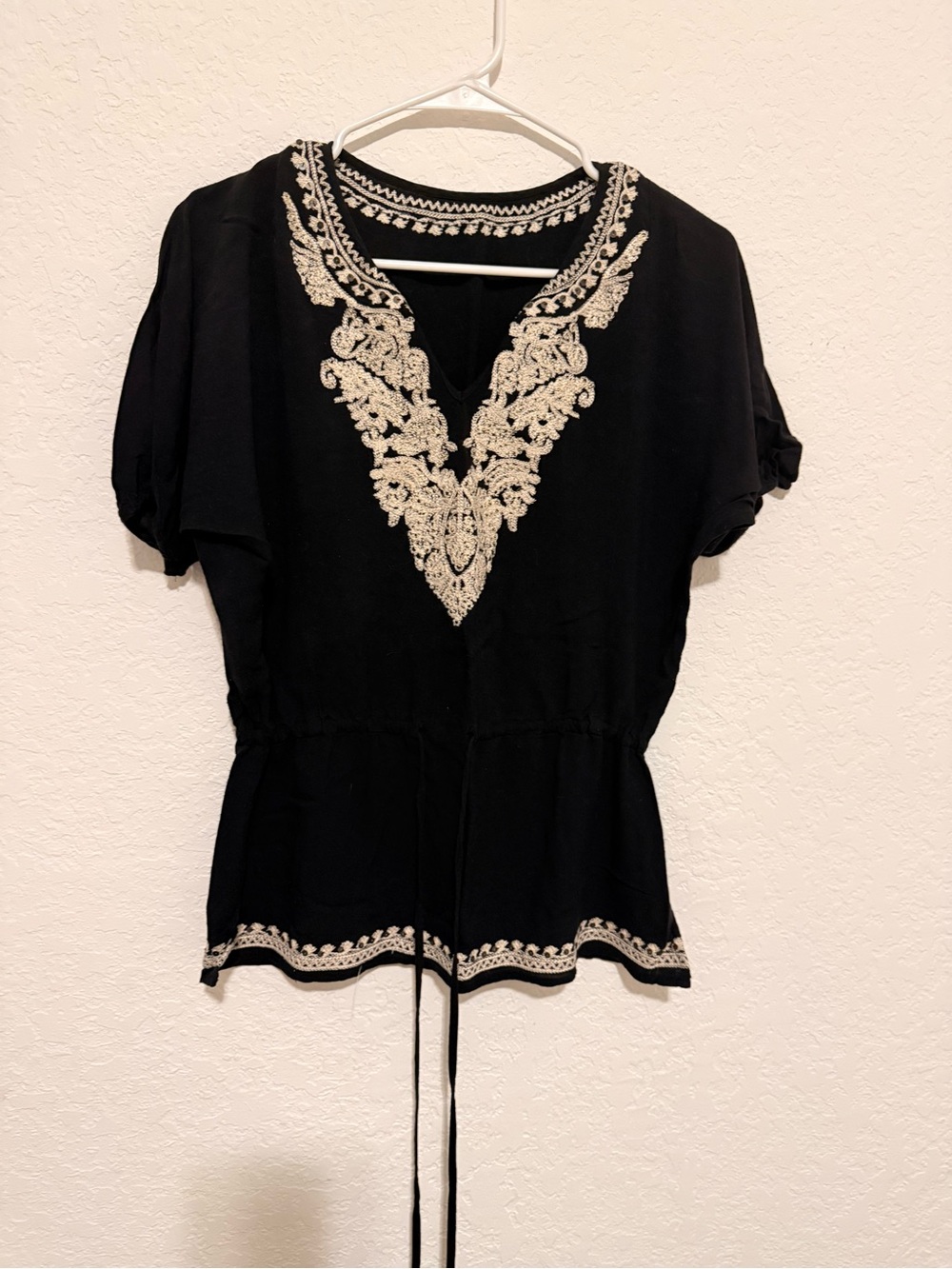 Black Embroidered V-Neck Women’s Top
